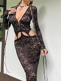 Lace Cut Out V Neck Plain Long Sleeve Maxi Dress