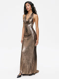 Metallic Halter Plain Sleeveless Maxi Dress