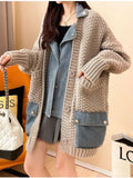 Hiqdress2023 Autumn Winter New Arrivals Denim Stitched Sweater Coat Women's Loose Thickened Knitted Cardigan Top Women