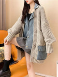 Hiqdress2023 Autumn Winter New Arrivals Denim Stitched Sweater Coat Women's Loose Thickened Knitted Cardigan Top Women