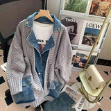 Hiqdress2023 Autumn Winter New Arrivals Denim Stitched Sweater Coat Women's Loose Thickened Knitted Cardigan Top Women