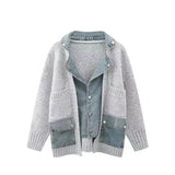 Hiqdress2023 Autumn Winter New Arrivals Denim Stitched Sweater Coat Women's Loose Thickened Knitted Cardigan Top Women