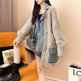 Hiqdress2023 Autumn Winter New Arrivals Denim Stitched Sweater Coat Women's Loose Thickened Knitted Cardigan Top Women