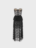 Lace Mesh Corset Ruffles Strapless Plain Sleeveless Maxi Dress