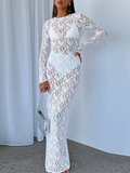 Lace Crew Neck Plain Long Sleeve Maxi Dress