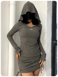 Street Gray Hooded Drawstring Dress Mini Dress