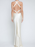 Satin Backless Design Halter Plain Sleeveless Maxi Dress