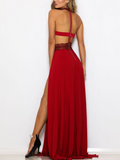 Side Slit Lace Up Halter Plain Sleeveless Maxi Dress