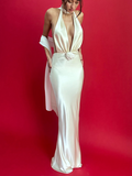 Satin Backless Design Halter Plain Sleeveless Maxi Dress