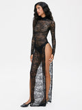 Mesh Split Turtleneck Plain Long Sleeve Maxi Dress