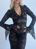 Lace V Neck Plain Long Sleeve Maxi Dress