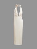 Satin Backless Design Halter Plain Sleeveless Maxi Dress