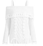 HiqdressWomen's Cold Shoulder Sweaters Long Sleeve Contrast Lace Knit Pullovers Bow Front Jumper Tops