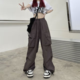 Y2K Trousers Women Cargo Pants Straight Wide Leg Drawstring Oversize Pockets Kpop High Waisted Breathable Solid Color Sweatpants