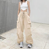 Y2K Trousers Women Cargo Pants Straight Wide Leg Drawstring Oversize Pockets Kpop High Waisted Breathable Solid Color Sweatpants