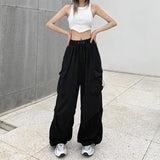 Y2K Trousers Women Cargo Pants Straight Wide Leg Drawstring Oversize Pockets Kpop High Waisted Breathable Solid Color Sweatpants