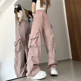 Women Y2K Cargo Pants High Waist Streetwear Hip Hop Trousers Female Big Pockets Casual Low Waist Drawstring Baggy Sweatpants