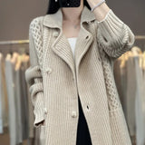 HiqdressCasual Knitted Cardigan Oversize Single Breasted Sweaters Korean Woman Knitwear Tops Thick Coat Elegant Suit Collar Sweater Coat