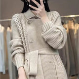 HiqdressCasual Knitted Cardigan Oversize Single Breasted Sweaters Korean Woman Knitwear Tops Thick Coat Elegant Suit Collar Sweater Coat