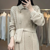 HiqdressCasual Knitted Cardigan Oversize Single Breasted Sweaters Korean Woman Knitwear Tops Thick Coat Elegant Suit Collar Sweater Coat