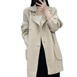 HiqdressCasual Knitted Cardigan Oversize Single Breasted Sweaters Korean Woman Knitwear Tops Thick Coat Elegant Suit Collar Sweater Coat