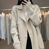 HiqdressCasual Knitted Cardigan Oversize Single Breasted Sweaters Korean Woman Knitwear Tops Thick Coat Elegant Suit Collar Sweater Coat