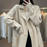 HiqdressCasual Knitted Cardigan Oversize Single Breasted Sweaters Korean Woman Knitwear Tops Thick Coat Elegant Suit Collar Sweater Coat