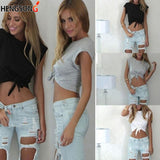 HiqdressSummer Knotted Tie Front Crop Tops Women Cropped T Shirt Casual Tanks Camis Casual O Neck Short Sleeve Solid Tees