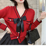 Knitted Cardigan Female Red Short Fashion Sweater women's Loose Bow Solid Long-Sleeved Kawaii  Autumn High-Waist Knitted Top