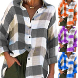 HiqdressWomen Turn Down Collar Check Plaid Buttons Shirt Top Long Sleeve Loose Blouse