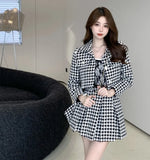 HiqdressTemperament Matching Sets Retro O Tweed Plaid Jacket Short Long Sleeve Cardigan Slim Top Mini Houndstooth Pleated Skirt Chic