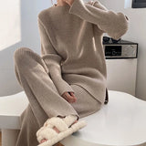 Autumn Winter Korean Fashion Casual Tracksuit Women Jumpers Pullover Sweater Tops + Wide Leg Pant Suits Knitted 2 Piece Set