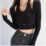 Slim Fit Long Sleeve T-shirts Women Solid Stylish S-3XL Simple Chic Halter Fake-two Pieces Crop Tops Female All-match Fashion