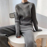 Autumn Winter Korean Fashion Casual Tracksuit Women Jumpers Pullover Sweater Tops + Wide Leg Pant Suits Knitted 2 Piece Set