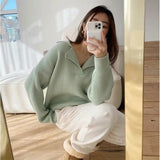 new female sweater autumn half-open V-lapel pullover Korean version of long-sleeved wearing loose sweater