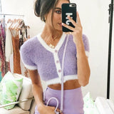 HiqdressSummer Knitted Short Sleeve T-shirt Button Up V-neck Crop Top Fashion Clothing Women Streetwear Contrast Color Tops Tee