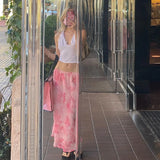 y2k Bohemian Pink Floral Mid-Claf Skirts Kawaii Low Waisted Frill Straight Skirts Chic Women Fairy Grunge Holiday Streetwear