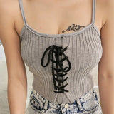 Women Bandage Y2K Crop Tops Drawstring Straps Knitting  Camisole Cute Tank Crop Tops Solid Sexy Tops For Women Summer