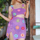 HiqdressSummer Knitted Suit Floral Crochet Crop Cami Top and High Waist Split Skirt Beach Vacation Y2K Two Piece Set Women Outfits