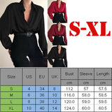 HiqdressWomen Button Blouses Turn Down Collar Shirts Office Lady Long Sleeve Casual Blouse Loose OL Shirt Baggy Tops Red/Wine Red /Black