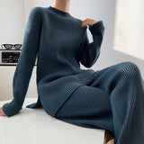 Autumn Winter Korean Fashion Casual Tracksuit Women Jumpers Pullover Sweater Tops + Wide Leg Pant Suits Knitted 2 Piece Set