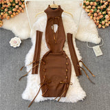 Women Sexy Sweater Dress Open Chest Backless Ribbon Strap Tops Turtleneck Long Sleeve Lacing Up Bodycon Knit Bandage Dress