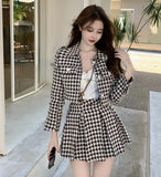 HiqdressTemperament Matching Sets Retro O Tweed Plaid Jacket Short Long Sleeve Cardigan Slim Top Mini Houndstooth Pleated Skirt Chic