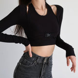 Slim Fit Long Sleeve T-shirts Women Solid Stylish S-3XL Simple Chic Halter Fake-two Pieces Crop Tops Female All-match Fashion