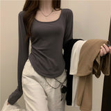 HiqdressWomen Long Sleeve Square Neck T-Shirt Spring And Autumn New Irregular Hem Slim Casual Top Girl Bottom Shirts