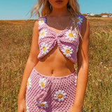 HiqdressSummer Knitted Suit Floral Crochet Crop Cami Top and High Waist Split Skirt Beach Vacation Y2K Two Piece Set Women Outfits