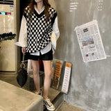 2023 Spring Autumn V-neck Sleeveless Sweater For Women Vest Vintage Tops Harajuku Japanese Fashion 90s Clothes Oversize Plaid