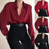 HiqdressWomen Button Blouses Turn Down Collar Shirts Office Lady Long Sleeve Casual Blouse Loose OL Shirt Baggy Tops Red/Wine Red /Black