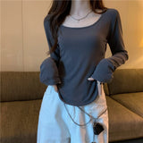 HiqdressWomen Long Sleeve Square Neck T-Shirt Spring And Autumn New Irregular Hem Slim Casual Top Girl Bottom Shirts