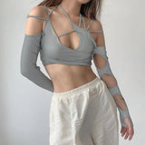 T Shirt Women Y2k Punk Women's Halter Tops Gothic Grey Girl Patchwork Long Sleeve Crop Tops Summer Sexy Cut Out Solid T-shirts